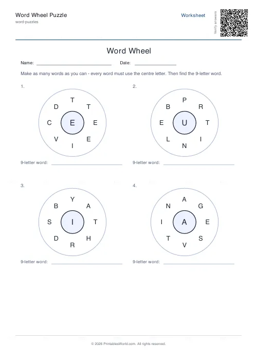 Free printable word wheel puzzle (4 wheels), PDF download