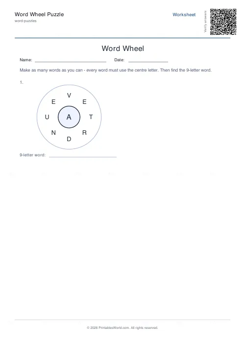 Free printable word wheel puzzle (1 wheel, with answer key), PDF download