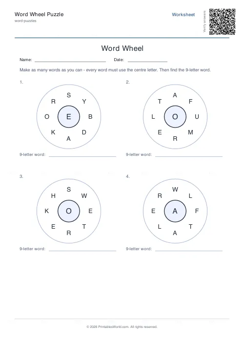 Free printable word wheel puzzle (4 wheels, with answer key), PDF download