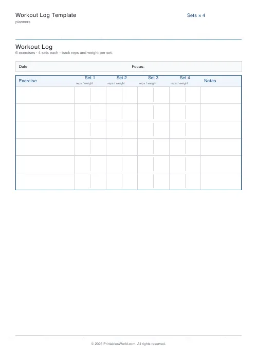 Free printable workout log — 6 exercises — PDF download