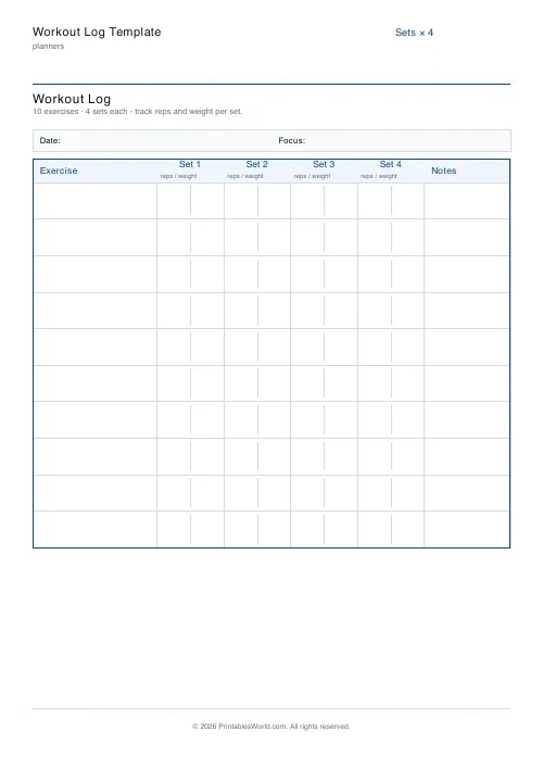 Free printable workout log — 10 exercises — PDF download