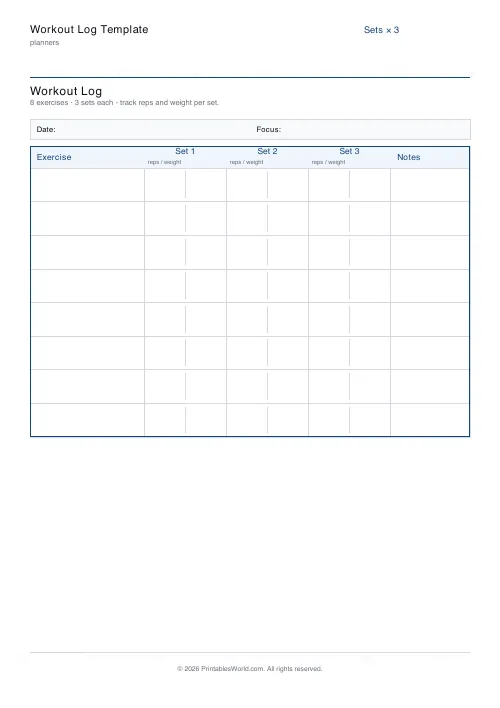 Free printable workout log — 3 sets — PDF download