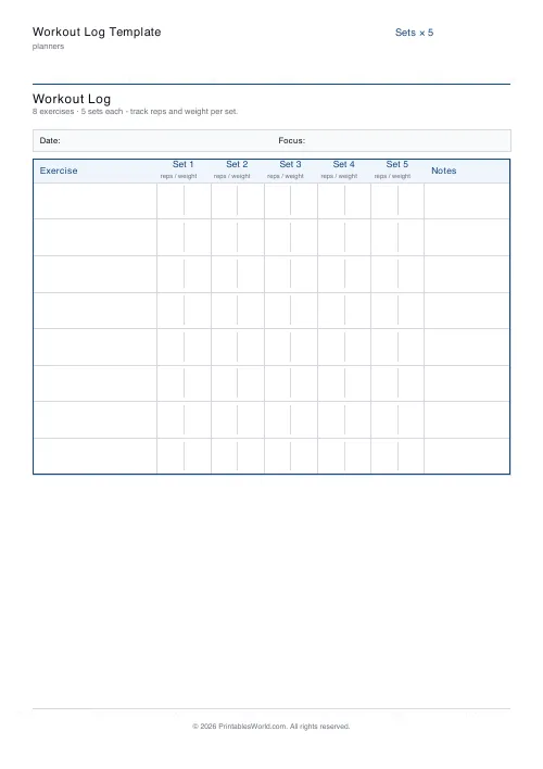 Free printable workout log — 5 sets — PDF download
