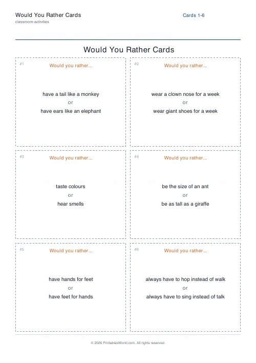 Free printable would-you-rather cards (Silly), PDF download