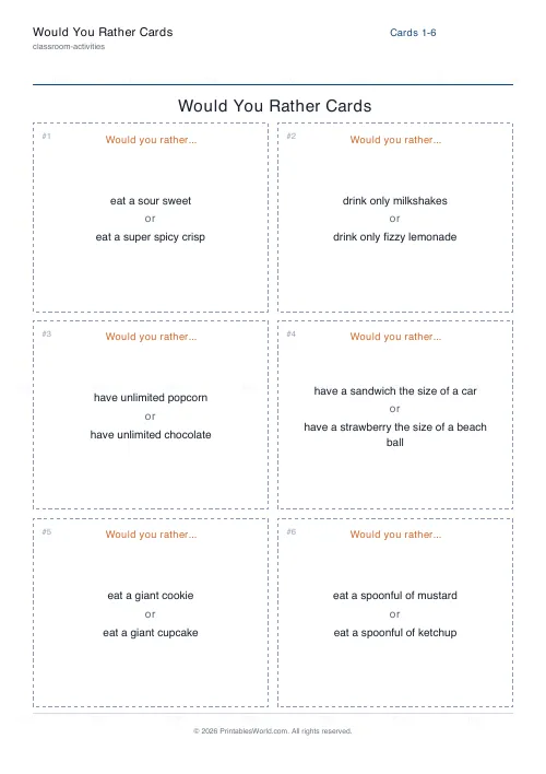 Free printable would-you-rather cards (Food), PDF download