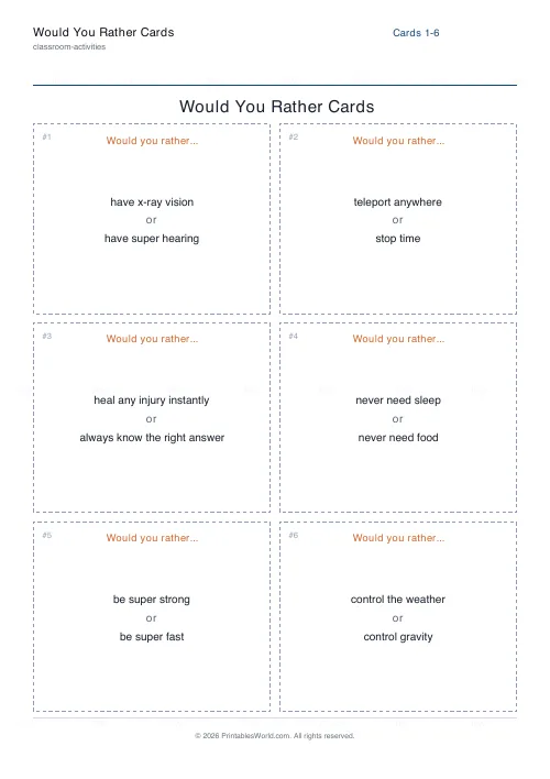 Free printable would-you-rather cards (Superpowers), PDF download