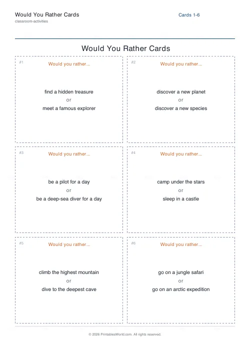 Free printable would-you-rather cards (Adventure), PDF download